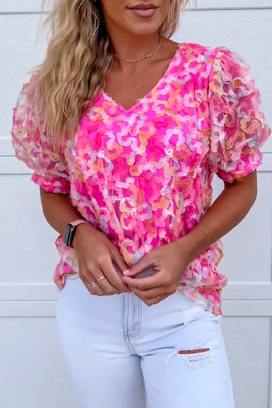 Weekend Discounts to Delight Bonbon Mesh Applique Puff Sleeve Blouse