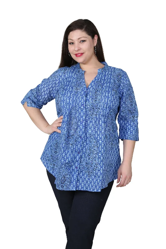 Exclusive Offer Plus Size Blue Paisley Pleated Tunic