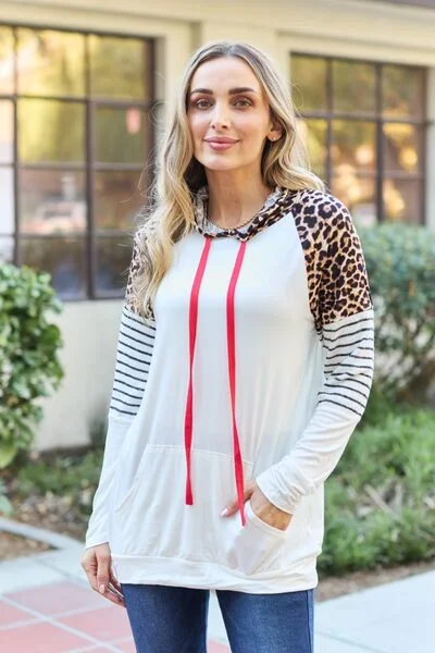 Weekend Savings Spectacular Celeste Design Full Size Leopard Contrast Drawstring Hoodie
