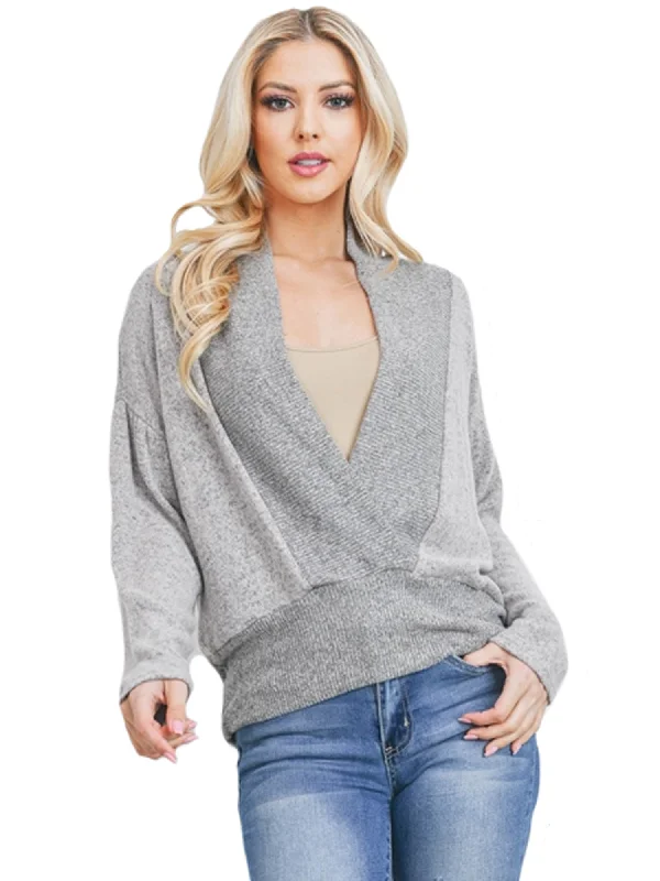 Super Discount Womens Gray Long Sleeve Drop Shoulder V-Neck Sweater