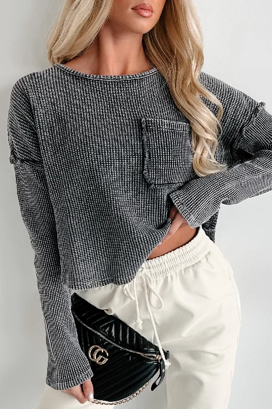 Deal Dash Selfish For You Washed Thermal Long Sleeve Top (Charcoal)