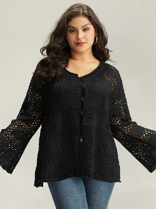 Low Cost Plain Hollow Out Button Through Bell Sleeve Cardigan