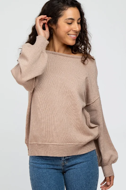 Big Savings Mocha Boat Neck Bubble Sleeve Sweater