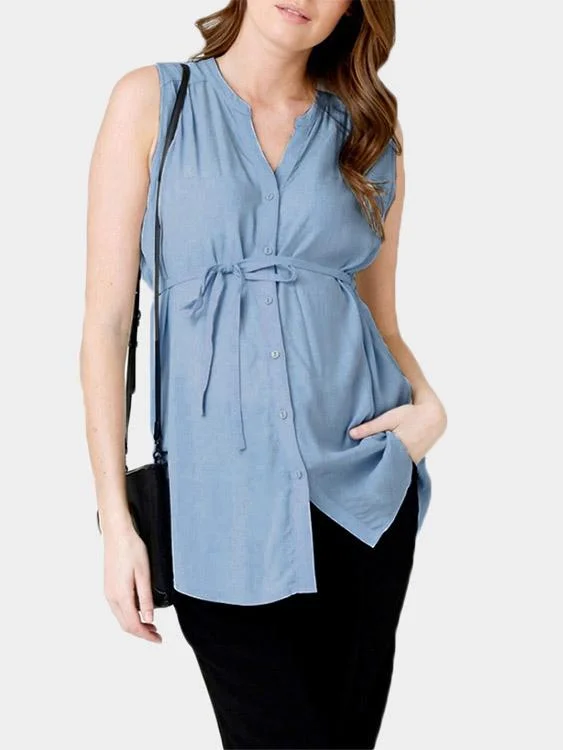 Holiday Sale Custom V-Neck Self-Tie Sleeveless Curved Hem Tank Top