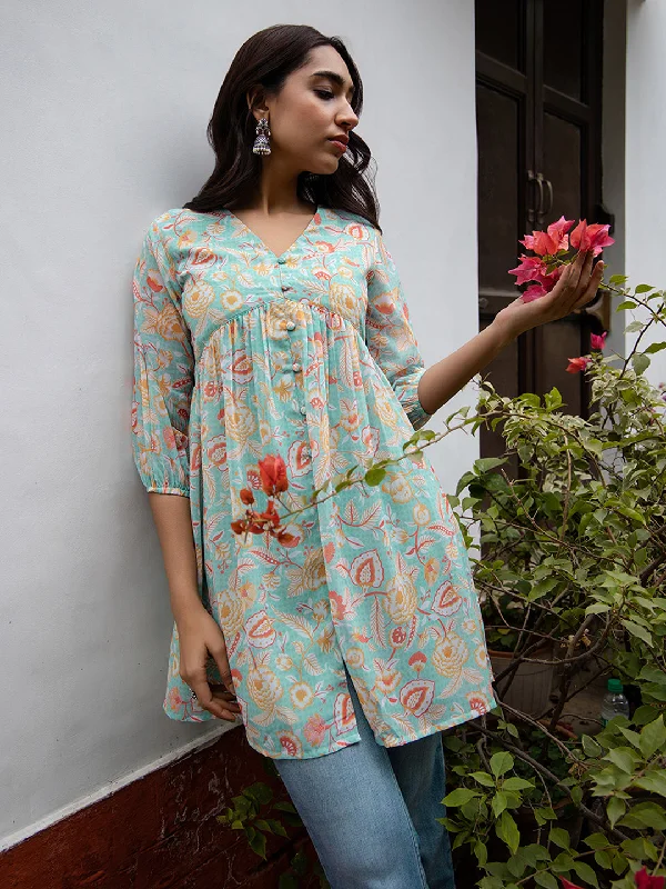Price Drop Alert Sea Blue Georgette Floral Gathered Tunic
