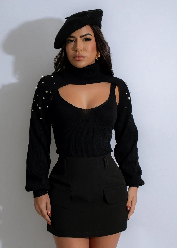 Exclusive Savings Luxe Pearl Charm Ribbed Pearls Crop Top Black