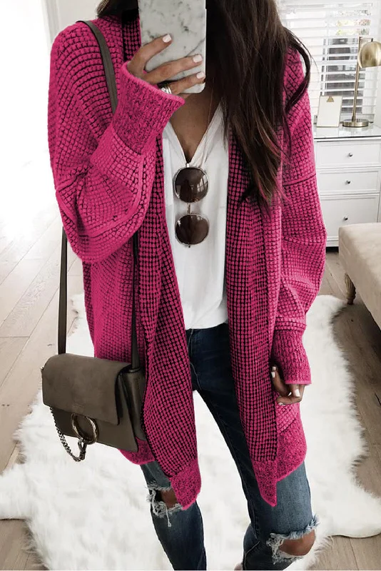 Weekend Offers That Sizzle Rose Plaid Contrast Trim Casual Knit Long Cardigan