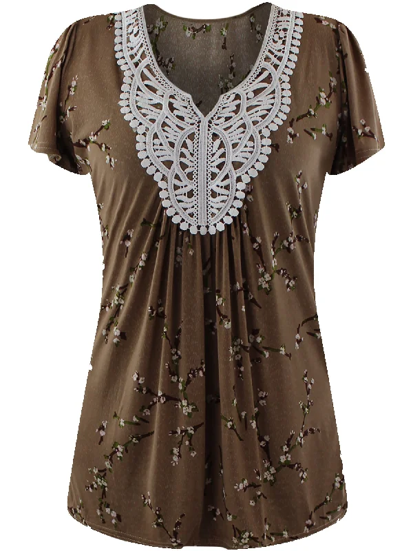 Can't Miss Short Sleeve Floral Crochet Neck Womens Top