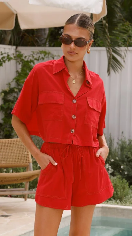 Can't Miss Bridgette Cropped Shirt and Shorts Set - Red
