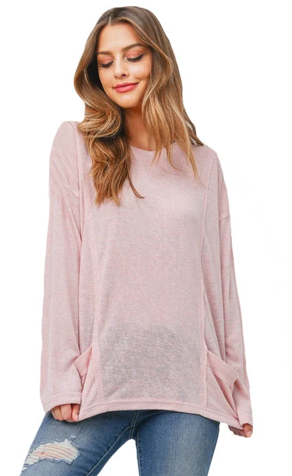 Weekend Specials to Delight Womens Blush Long Sleeve Drop Shoulder Knit Top With Pockets Size Small