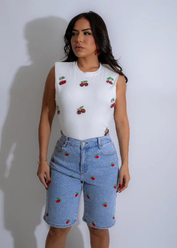 Savings Spectacular Berry Sweet Cherry Rhinestone Crop Top White