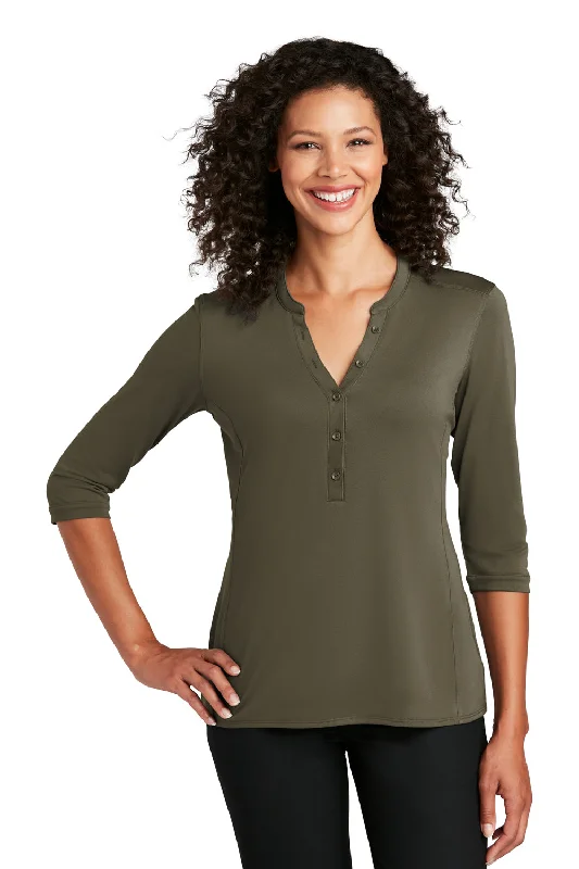 Limited Supply Port Authority Womens Moisture Wicking 3/4 Sleeve Polo Shirt - Deep Olive Green