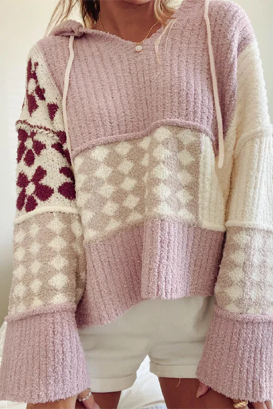 Price Reduction Multicolor Floral Print and Geometric Patterned Hooded Sweater