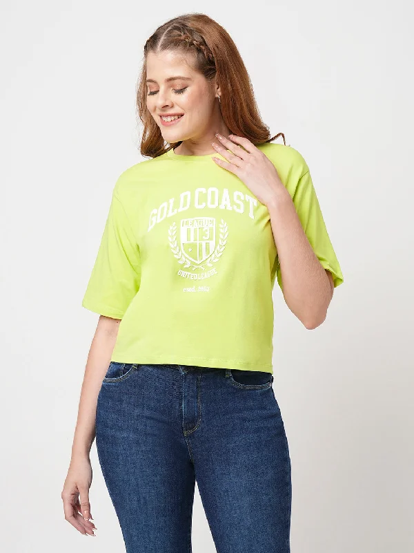 Sale Event Women Slim Fit Lime Crop T-Shirt Chest Print
