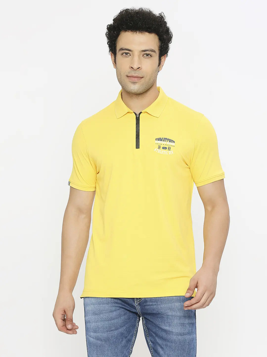 Price Cut Spykar Men Chrome Yellow Blended Regular Fit Half Sleeve Plain Polo Tshirt