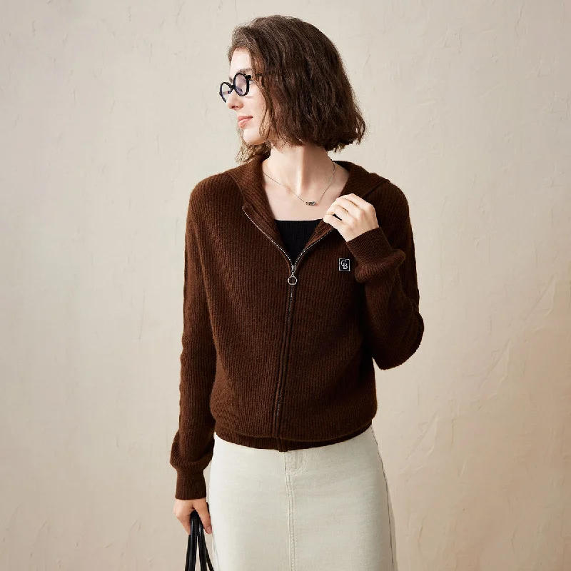 Markdowns 100% Cashmere Cozy Ribbed Zipper Knit Cardigan Hoodie