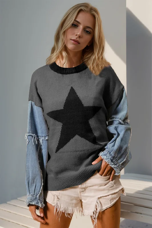 Reduced Rates Double Take Full Size Star Pattern Raw Edge Long Sleeve Sweater