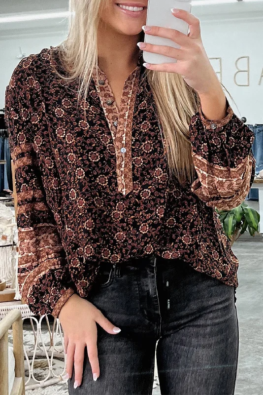 Weekend Offers That Delight Brown Floral Print Boho Buttons Front Peasant Blouse