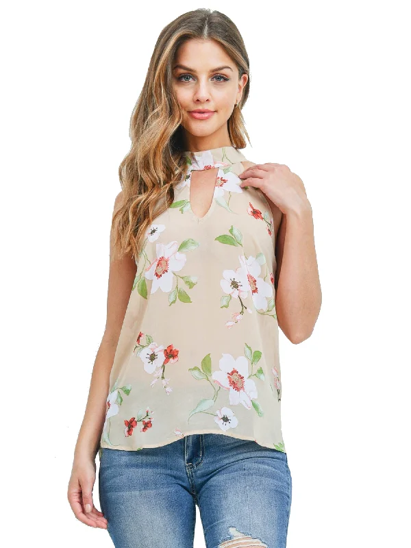 Epic Deals Beige Sleeveless Floral Print Keyhole Halter Top Size Small