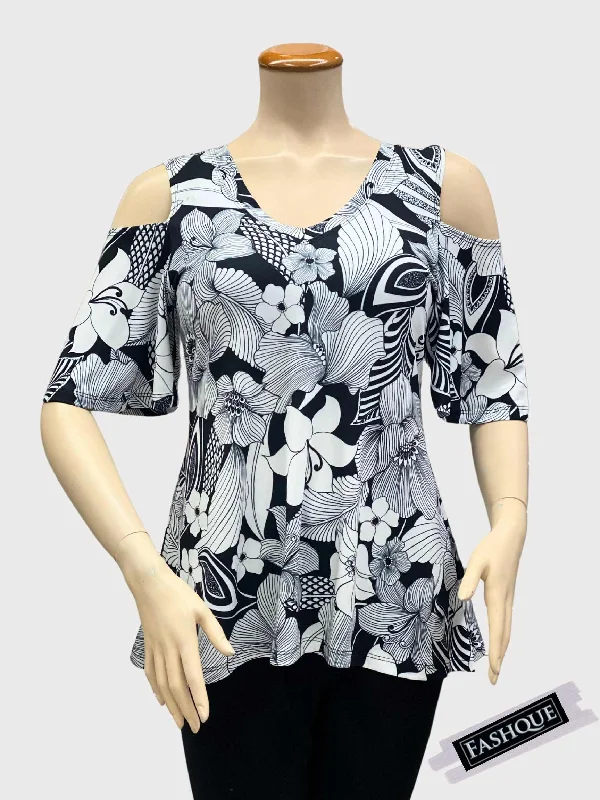 Blowout Deals FASHQUE - V NECK OFF SHOULDER SHORT SLEEVES DRESSY CASUAL TOP  - T2071-8050