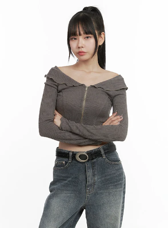 Extra Discount Zipper Off-Shoulder Ribbed Top OO401