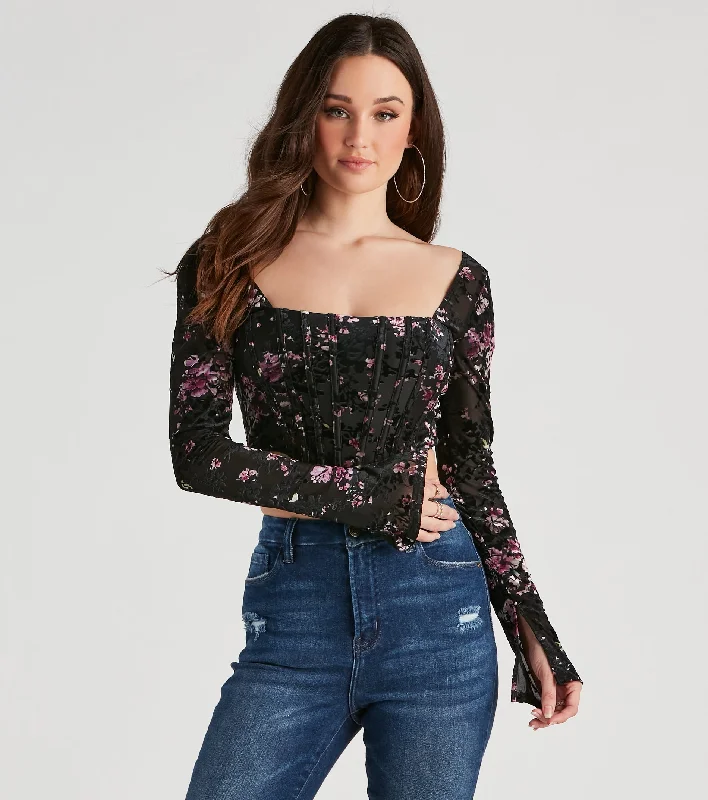 Price Break Trendy Florals Flocked Velvet Corset Top
