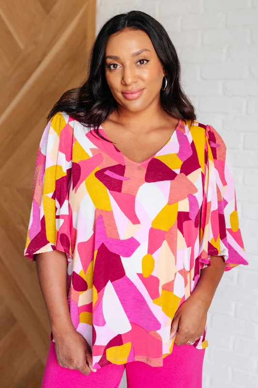 Weekend Discounts to Savor Cali Blouse in Magenta and Mustard Abstract