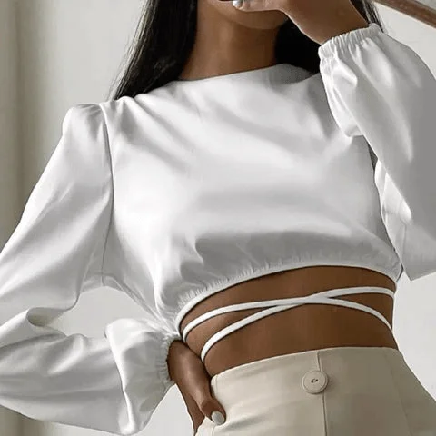 Hurry Up Satin White Long Sleeve Top