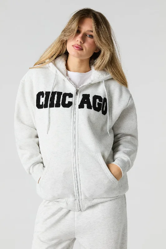 Lowest Price Chenille Embroidered Faux Fur Lined Fleece Hoodie