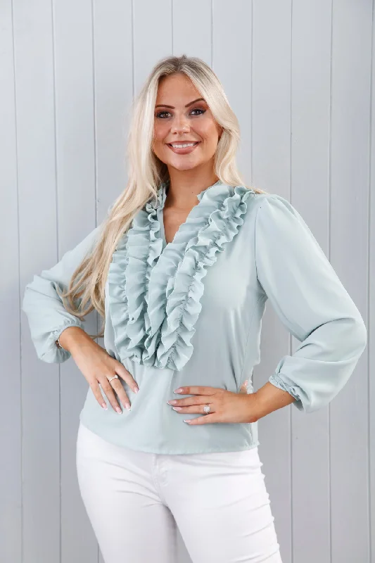 Limited Availability Megan Ruffle Blouse Aqua