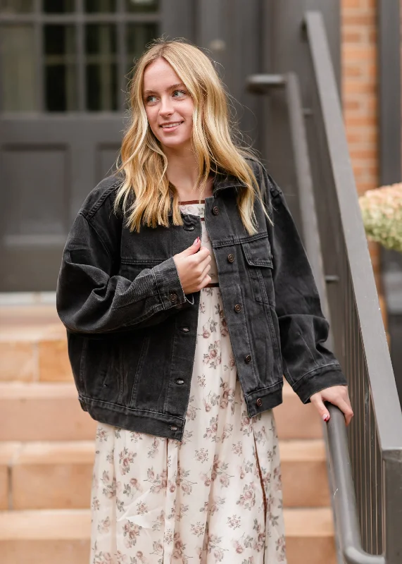 Weekend Deals That Please Oversized Washed Black Denim Jacket