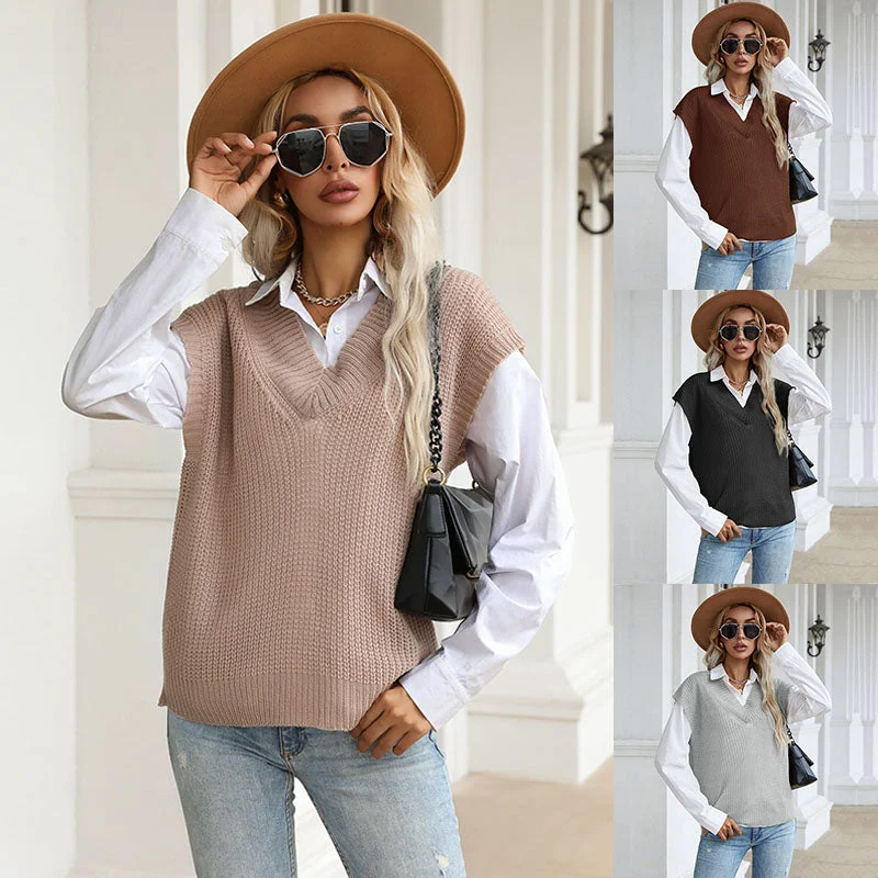 Major Savings Wholesale Fall Knitted Sweaters Solid Sleeveless Women Sweater Vest Pullover Tops