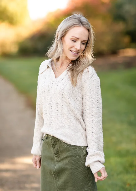 Take Advantage Blythe Cable Knit Polo Heather Oat Sweater