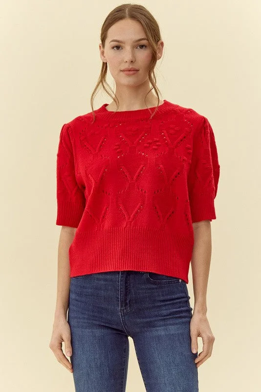 While Supplies Last Red Alert Crochet Detail Sweater Top