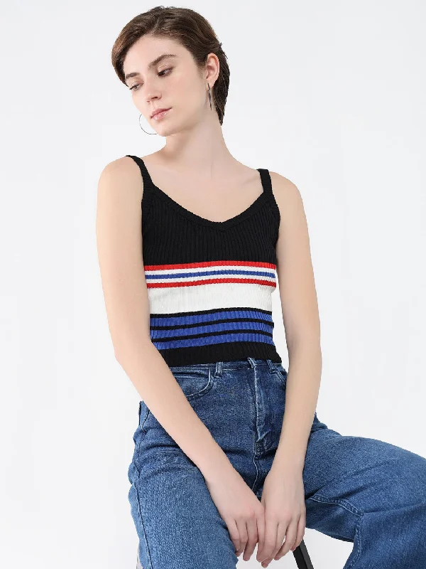 Online Exclusive Women Striped Black Fitted Top