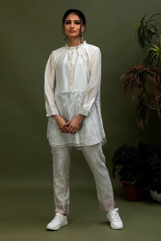 Price Drop Chanderi Long Top with Handwoven Cotton Chanderi Stripes