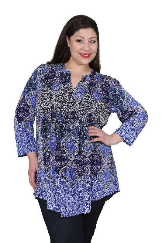 Low Price Plus Size La Cera Pleat Front Printed Tunic Blue Multi
