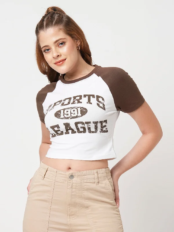 Savings Spectacular Women Slim Fit White/Brown Genz T-Shirt