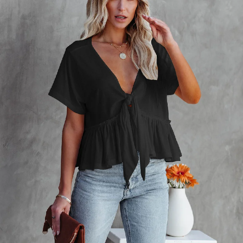 Mega Sale Solid Color Loose Short Sleeve Tieback Ruffles Women'S Tops Casual Wholesale T Shirts