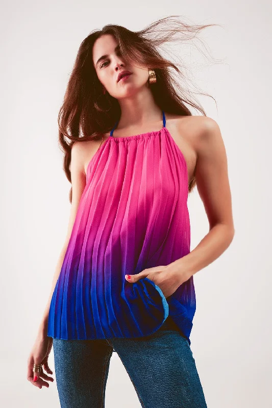 Value Deals High Neck Pleat Top in Fuchsia Ombre