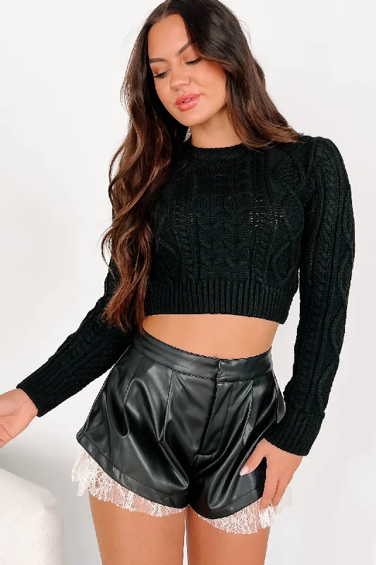 Closeout Deal Pay It Forward Cable Knit Crop Sweater (Black)