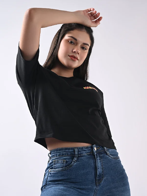 Limited Stock Women Slim Fit Black Crop T-Shirt Chest Print