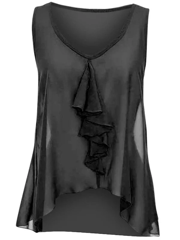 Don't Wait Black Sleeveless Sheer Ruffled Top Size Small