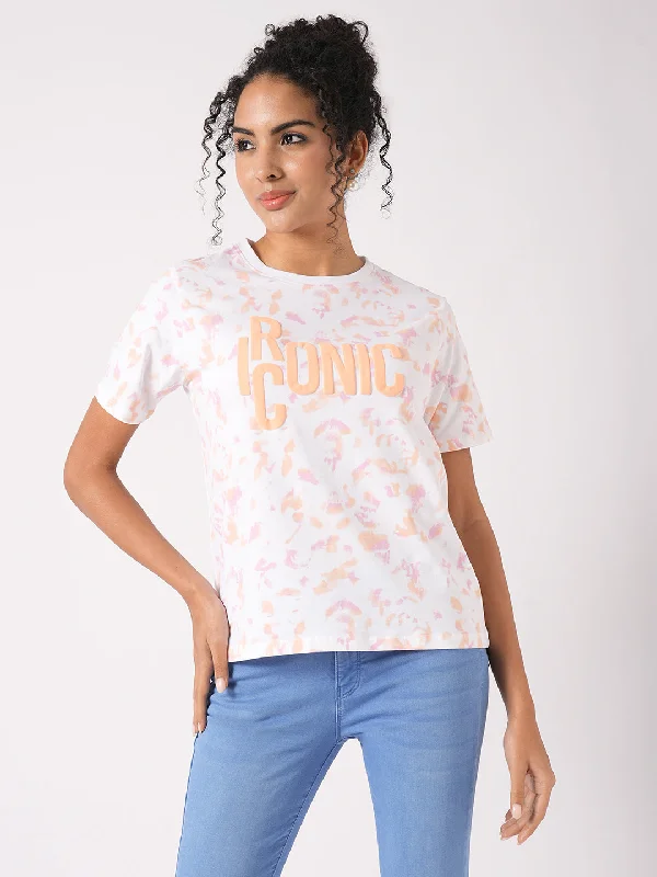 Make Your Weekend Count with Savings Women Slim Fit Orange/Peach Tie & Dyed Boxy T-Shirt Chest Print