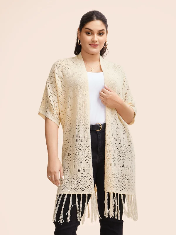 Weekend Bargains to Savor Kimono Collar Cut Out Tassel Trim Cardigan