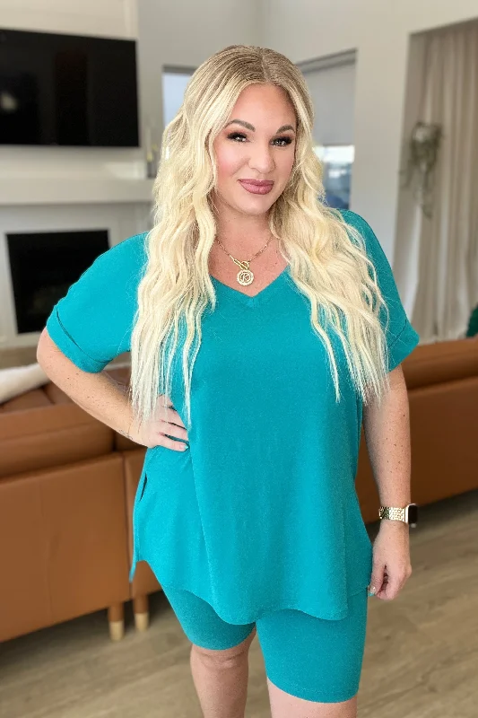 Weekend Specials to Relish Buttery Soft V-Neck Bike Short Set in Light Teal