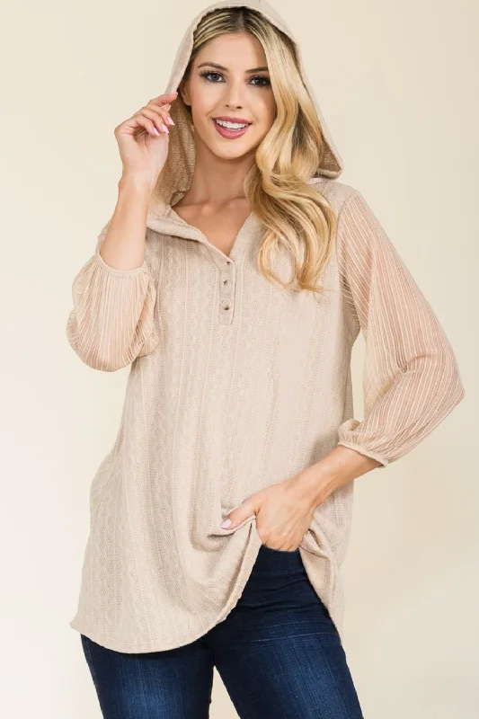 Amazing Deals Celeste Full Size Mesh Sleeve Texture Hooded Top
