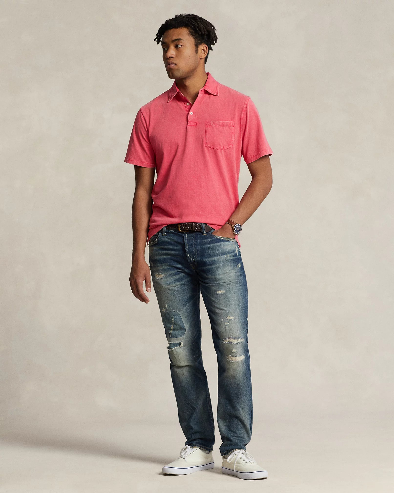 Daily Specials Short Sleeve Cotton Linen Polo with Pocket in Pale Red