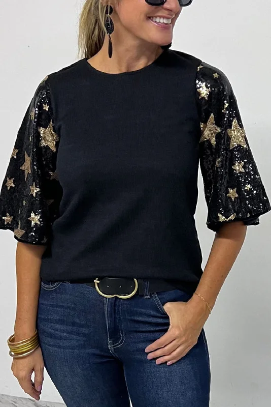 Make Your Weekend Count with Savings Black Star Sequin Patched Half Sleeve Blouse