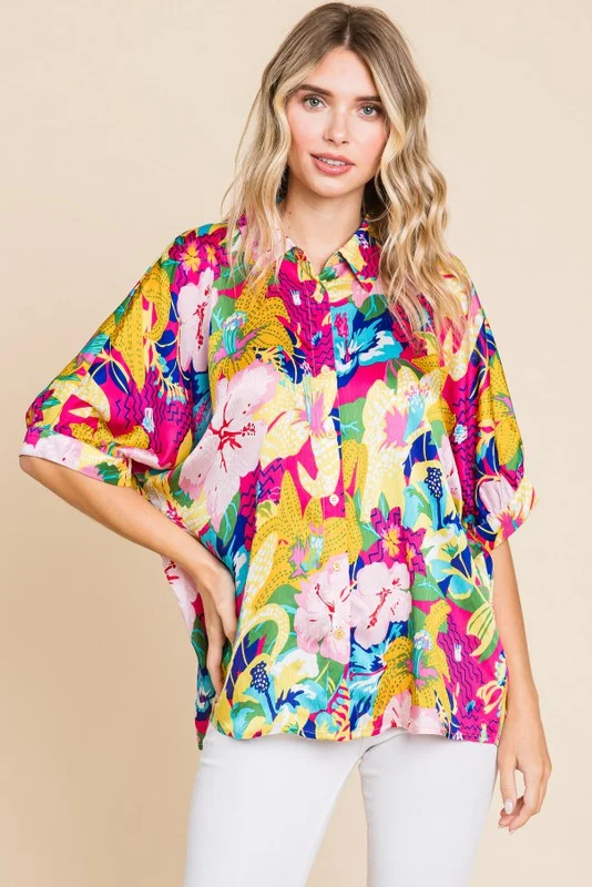Extra Savings Tropical Paradise Satin Button Up Top